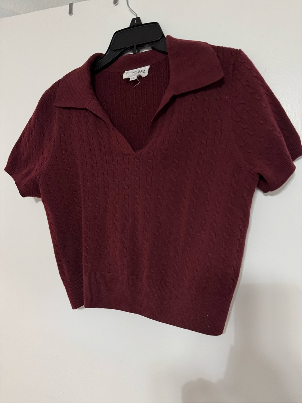 Maroon Cable Knit Polo Sweater slightly cropped